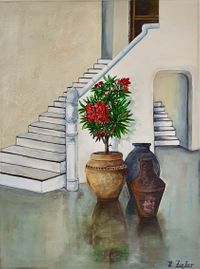 Treppe zur bl&uuml;henden Terrasse